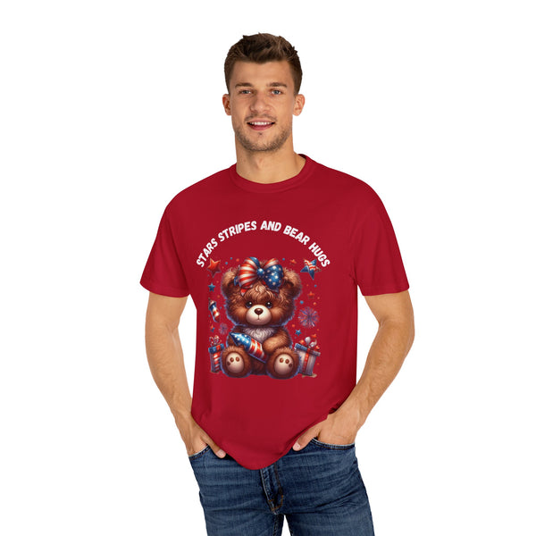 Unisex Garment-Dyed T-Shirt - Stars Stripes and Bear Hugs - Fun Patriotic Tee for Celebrations