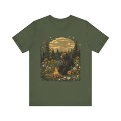 Cozy Campfire Vibes Unisex Tee with Bear and Floral Design