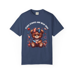 Unisex Garment-Dyed T-Shirt - Stars Stripes and Bear Hugs - Fun Patriotic Tee for Celebrations