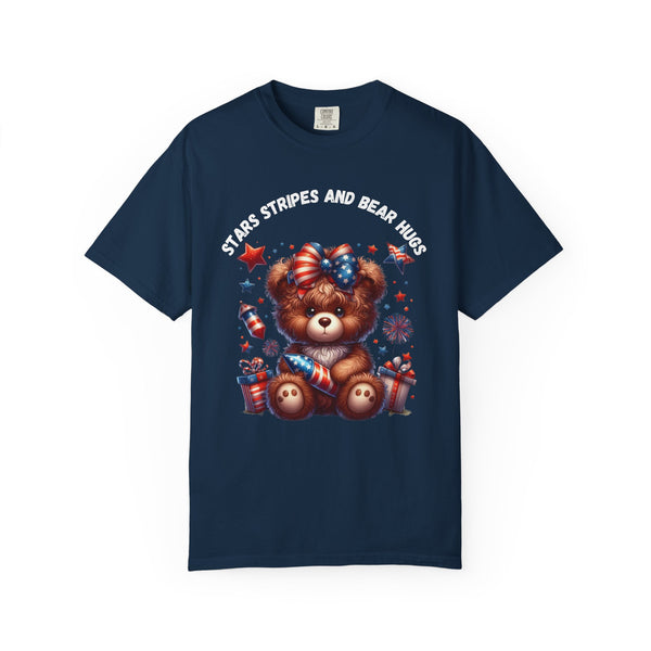 Unisex Garment-Dyed T-Shirt - Stars Stripes and Bear Hugs - Fun Patriotic Tee for Celebrations