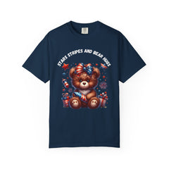 Unisex Garment-Dyed T-Shirt - Stars Stripes and Bear Hugs - Fun Patriotic Tee for Celebrations