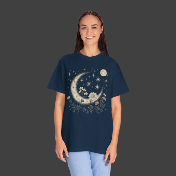 Moonlit Floral Unisex Garment-Dyed T-Shirt – Perfect for Nature Lovers