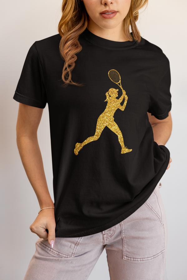Sporty Gold Female Tennis Player Silhouette Unisex T-shirt for Active Women