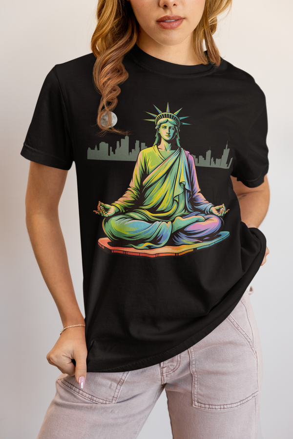 Colorful  Statue of Liberty T-Shirt, Meditation Shirt, Spiritual Apparel, Unisex Tie-Dye Tee, Festival Clothing, Gift for Yogis
